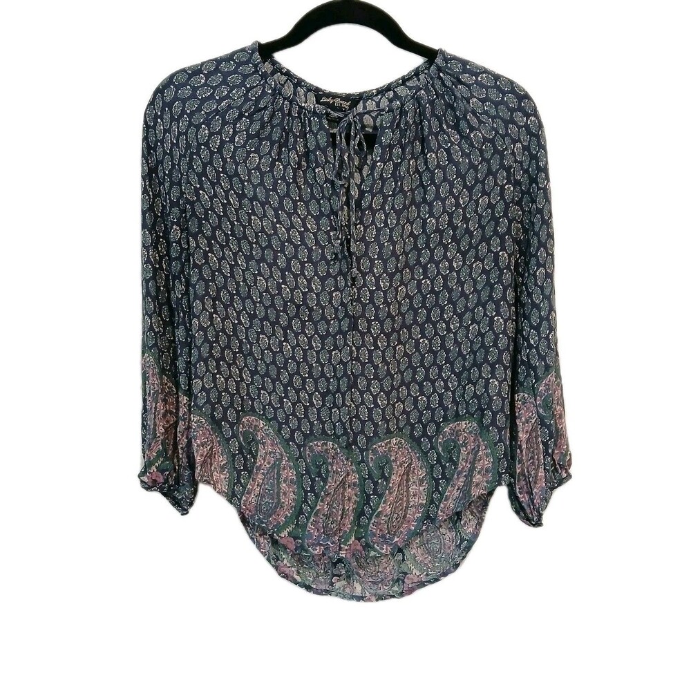 Lucky Brand Women's 3/4 Sleeve Tunic Top Blue Pink Green Paisley Print Size XS